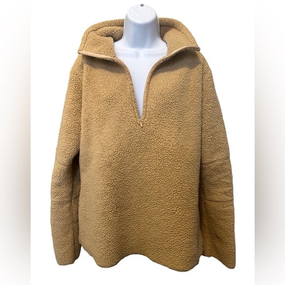 ATHLETA Teddy Bear Fleece Sherpa Sweater Quarter Zip Womens Large Tan Fuzzy Warm - Picture 6 of 9